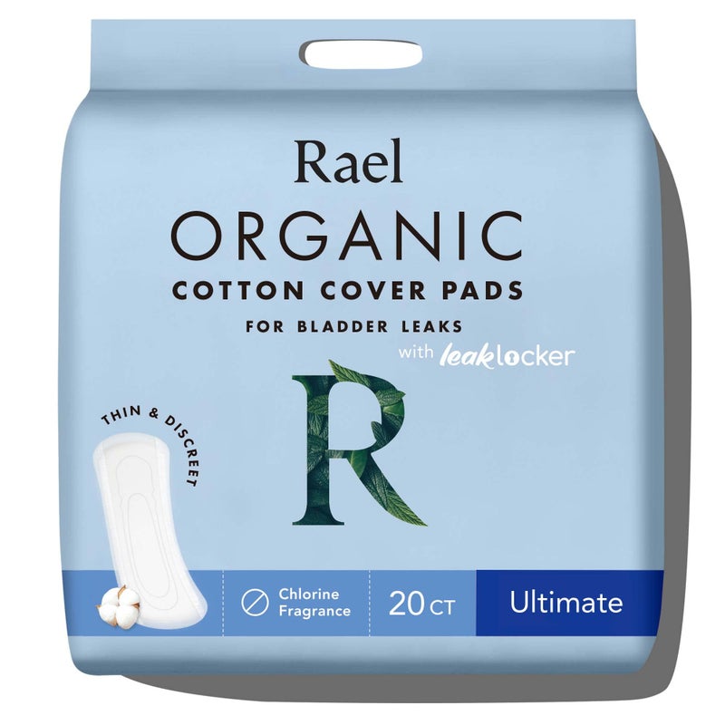 Rael Incontinence Pads for Women Organic Cotton Cover Postpartum Essential Heavy Absorbency Bladder Leak Control 4 Layer Core with Leak Guard Technology Long Length Ultimate 20 Count